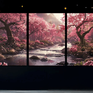 Arte en lienzo - Paisaje de río de cerezos en flor